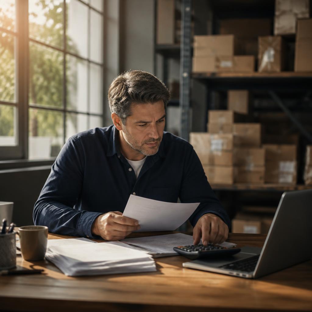 Small business owner reviewing payroll paperwork at a warehouse office desk
